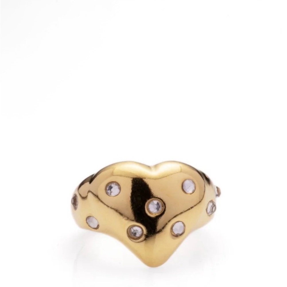 Gold Heart Dome Ring with Clear Stones - Women Jewelry